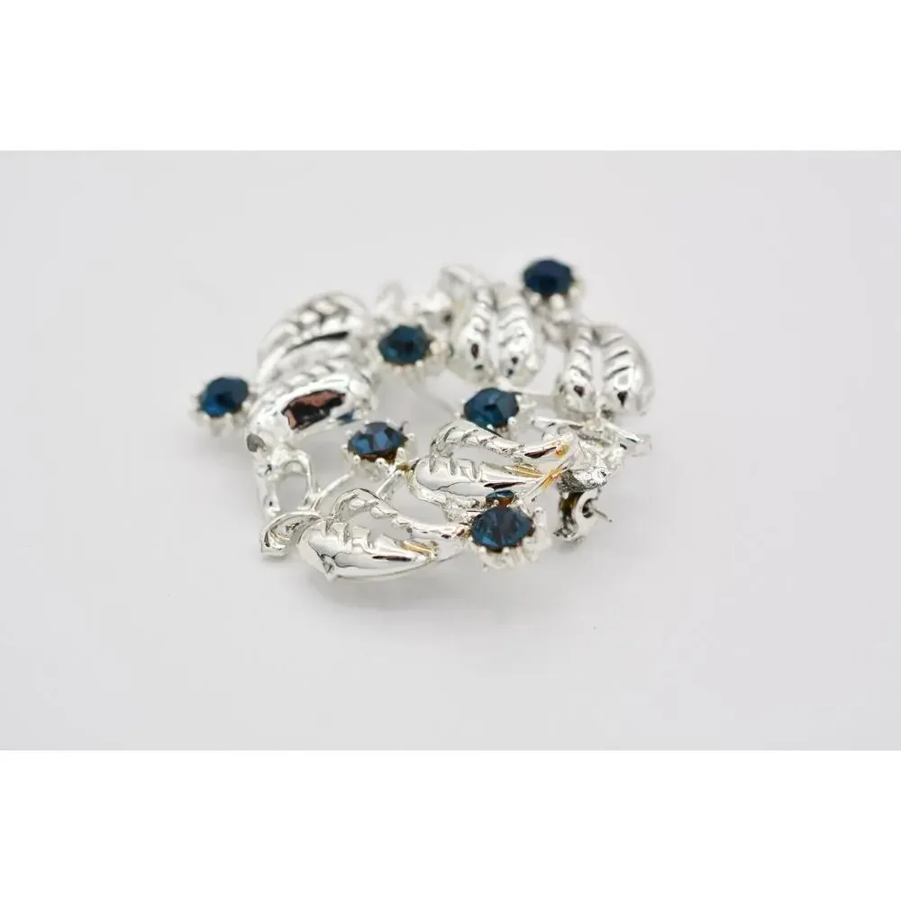 Vintage Crystal Leaf Wreath Pin Blue Rhinestone Silver Tone Heavy 1980s BinAT